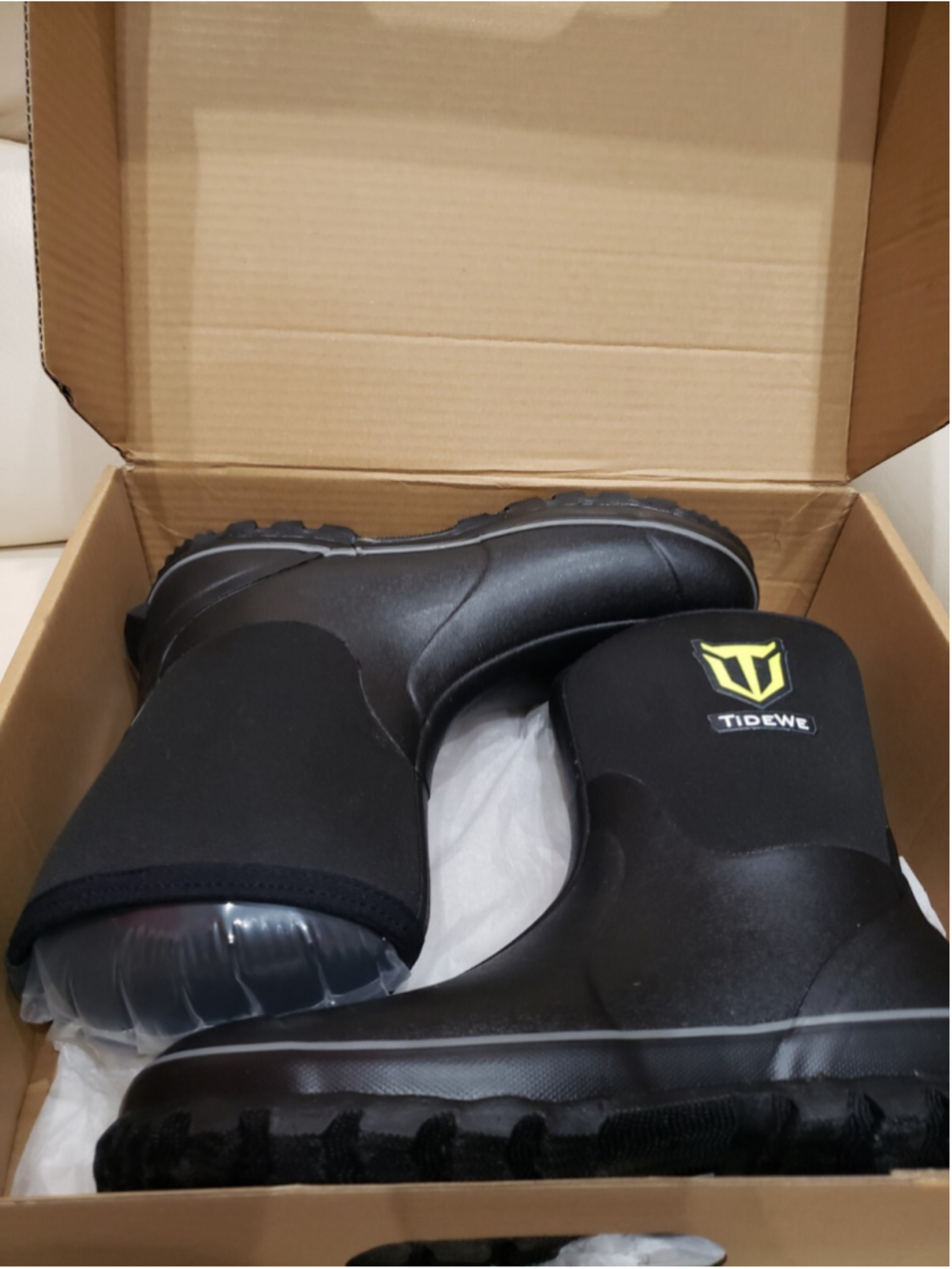TIDEWE Men's Black Rubber Neoprene Mid Calf Waterproof Rain Boots Size US 11
